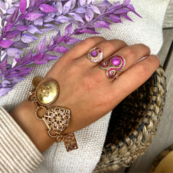 Bague ajustable CIRCUS Or - Anneau large & Décor baroque Cristal rose