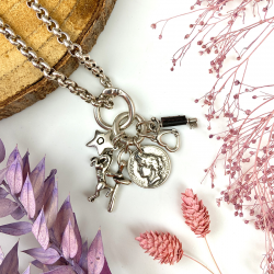 Collier sautoir UMA Métal - Chaîne fantaisie & Six médailles charms