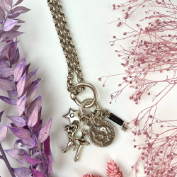 Collier sautoir UMA Métal - Chaîne fantaisie & Six médailles charms