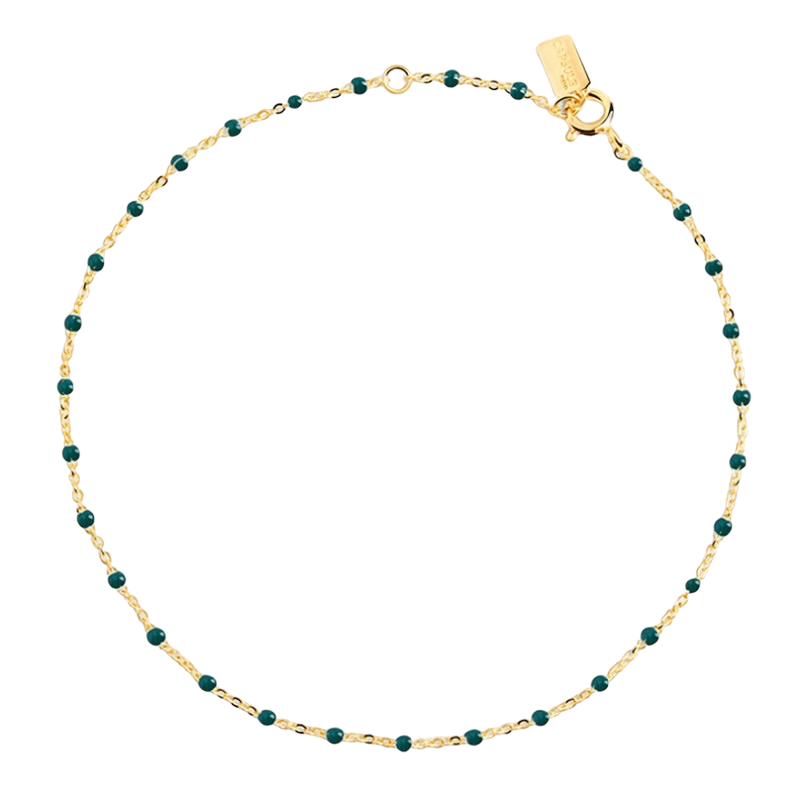 Bracelet chaîne fine plaqué or  & Perles de résine vert foncé THEMA