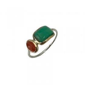 Bague large Argent Laiton - Cabochon rectangle Onyx vert & Cabochon Grenat  ovale  CANYON