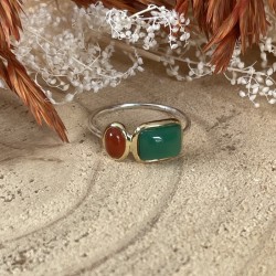 Bague fine Argent doré - Onyx vert rectangle & Onyx rouge ovale TAILLE 54