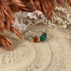Bague fine Argent doré - Onyx vert rectangle & Onyx rouge ovale TAILLE 50