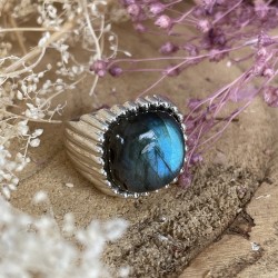 Bague large Argent - Anneau tubes & Cabochon Labradorite carrée TAILLE 50