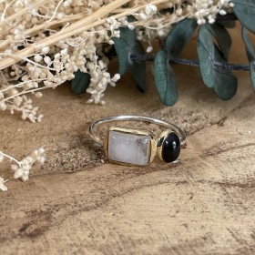 Bague Argent Laiton - Cabochons, Nacre rectangle & Onyx ovale CANYON