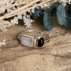 Bague Argent Laiton - Cabochons, Pierre de Lune rectangle & Onyx ovale TAILLE 50