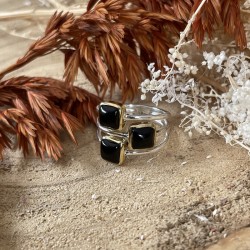 Bague argent doré PAVES carrés & Cabochons onyx noir TAILLE 60