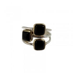 Bague argent doré PAVES carrés & Cabochons onyx noir CANYON