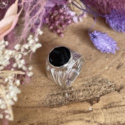 Bague en Argent - Anneau large strié & Cabochon Onyx rond noir TAILLE 52