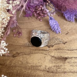 Bague en Argent - Anneau large strié & Cabochon Onyx rond noir TAILLE 52