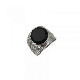 Bague large Argent - Anneau strié fin & Cabochon Onyx rond CANYON