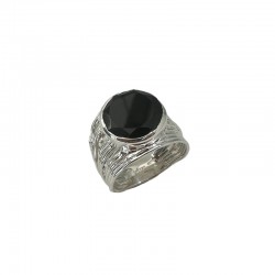 Bague en Argent - Anneau large strié & Cabochon Onyx rond noir BAGUES CANYON