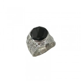 Bague en Argent - Anneau large strié & Cabochon Onyx rond noir BAGUES CANYON