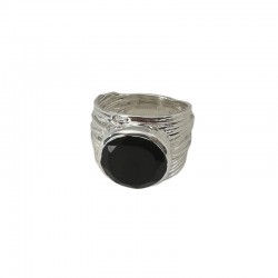 Bague en Argent - Anneau large strié & Cabochon Onyx rond noir TAILLE 52