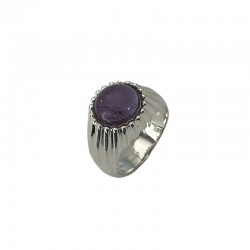 Bague large Argent - Anneau goutte tubes & Cabochon Améthyste rond CANYON