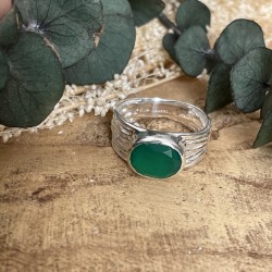 Bague large Argent - Anneau strié fin & Cabochon Onyx vert ovale TAILLE 50