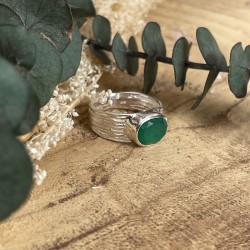 Bague large Argent - Anneau strié fin & Cabochon Onyx vert ovale TAILLE 50