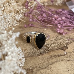 Bague Argent Laiton - Cabochons, Onyx noir goutte & Ovale CANYON