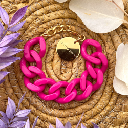 Bracelet FLAT CHAIN FUCHSIA Doré - Gros Maillons plats rose fuchsia