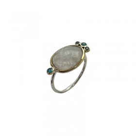 Bague Argent Laiton - Cabochon Pierre de Lune ovale & Zircons turquoise CANYON