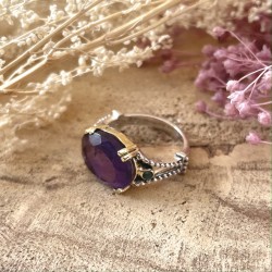Bague Large Antique Argent Laiton & Gros cabochon Améthyste ovale TAILLE 60