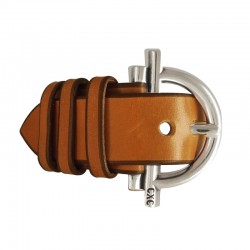 Bracelet Manchette jonc Ambar, cuir camel - Ceinture & Etrier design - CXC