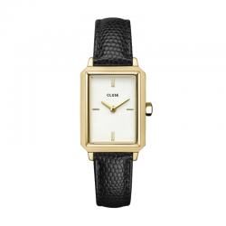 Montre Fluette Leather Black Lizard Gold - Bracelet cuir & Cadran rectangle blanc  - Montre CLUSE