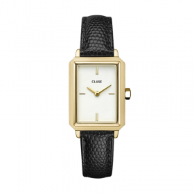 Montre Fluette Leather Black Lizard Gold - Bracelet cuir & Cadran rectangle blanc  - Montre CLUSE