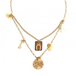 Collier court multi rangs Ambar Or Cuir - Chaîne fine & Médailles porte-bonheur- CXC