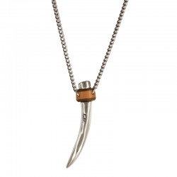 Collier mi-long métal cuir camel Ambar - Chaîne fine & Corne design - CXC
