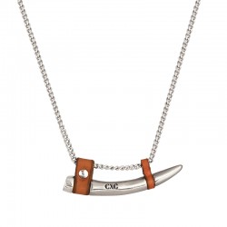 Collier mi-long métal cuir camel Ambar - Chaîne fine & Corne horizontale - CXC