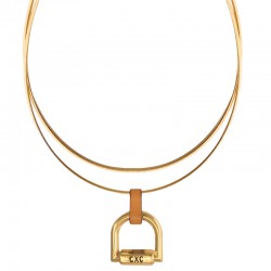 Collier court Ambar Or, Câbles, Pendentif cuir camel & Etrier design - CXC