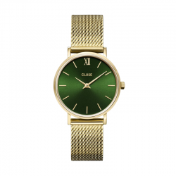 Montre Minuit Mesh Green, couleur or, cadran rond vert signée CLUSE