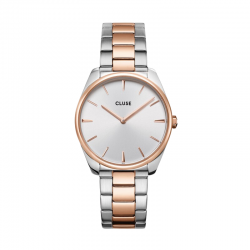 Montre Féroce Steel White Rose Gold Silver, cadran rond & bracelet oyster - signée CLUSE