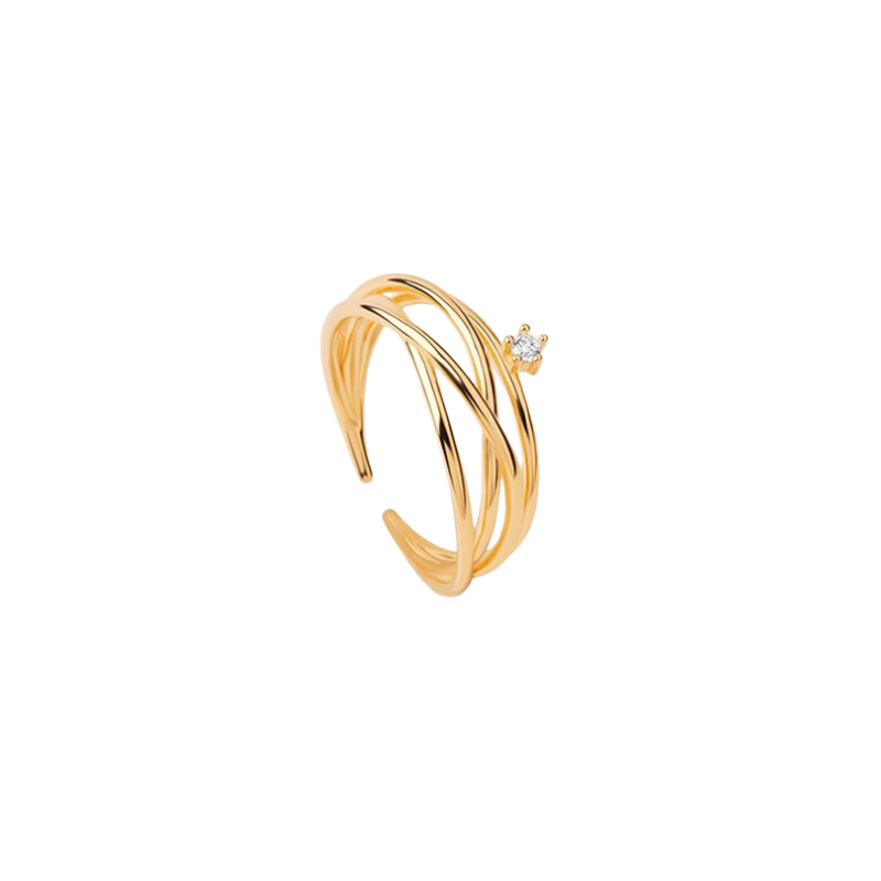 Bague fine ajustable plaqué or LUNA - Anneaux enlacés & Zircon blanc solitaire - THEMA Bague fine ajustable plaqué or LUNA - Anneaux enlacés & Zircon blanc solitaire - THEMA