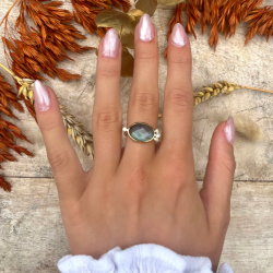 Bague fine Argent doré LEONISSE - Cabochon Labradorite & Zircons blancs TAILLE 52