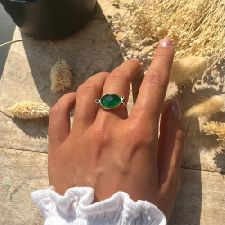 Bague fine Argent doré LEONISSE - Onyx vert ovale & Zircons noirs TAILLE 52