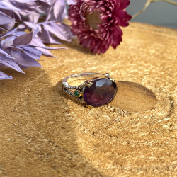 Bague Large Antique Argent Laiton & Gros cabochon Améthyste ovale TAILLE 60