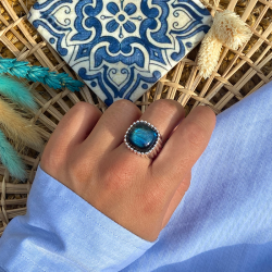 Bague large Argent - Anneau tubes & Cabochon Labradorite carrée TAILLE 50