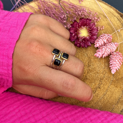 Bague argent doré PAVES carrés & Cabochons onyx noir TAILLE 50