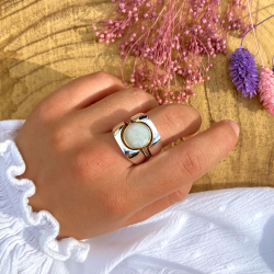 Bague 3 en 1 Argent - Anneaux incurvés & Anneau antique Pierre de Lune TAILLE 52