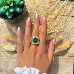 Bague 3 en 1 Argent - Anneaux incurvés & Anneau antique Onyx vert TAILLE 60