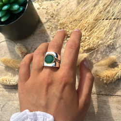 Bague 3 en 1 Argent - Anneaux incurvés & Anneau antique Onyx vert TAILLE 60