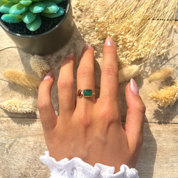 Bague fine Argent doré - Onyx vert rectangle & Onyx rouge ovale TAILLE 54