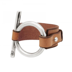 Bracelet Manchette Argent - Lanière cuir Camel & Mors équins signé CXC