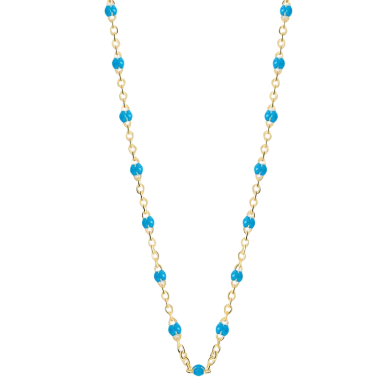 Collier court chaîne fine plaqué or & Perles de résine bleue