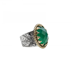 Bague ANTIQUE argent doré - Anneau ethnique & Onyx vert ovale BIJOUX CANYON