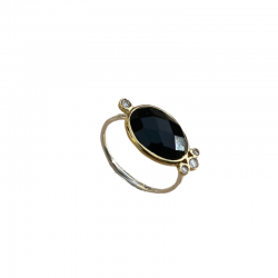 Bague Argent Laiton - Cabochon Onyx noir ovale & Zircons ronds CANYON