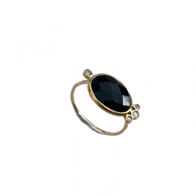 Bague Argent Laiton - Cabochon Onyx noir ovale & Zircons ronds CANYON
