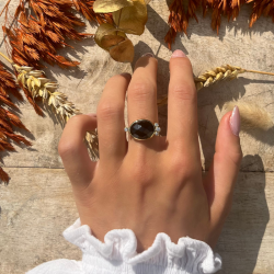 Bague Argent doré LEONISSE - Cabochon Onyx noir ovale & Zircons ronds TAILLE 56